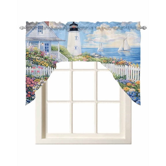 Spring Swag Valances for Windows 56 x 36 Colorful Flowers Town Beacon Country Scenery Rod Pocket Light Filtering Window Topper for Kitchen Bathroom Bedroom Living Room