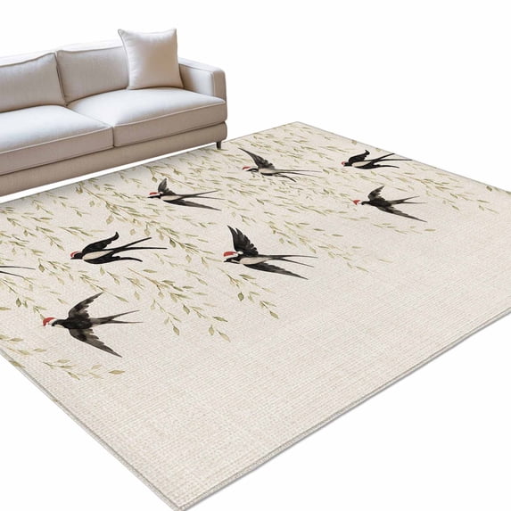 Spring Swallows Area Rug 8'x10', Country Watercolor Pastoral Tree ...