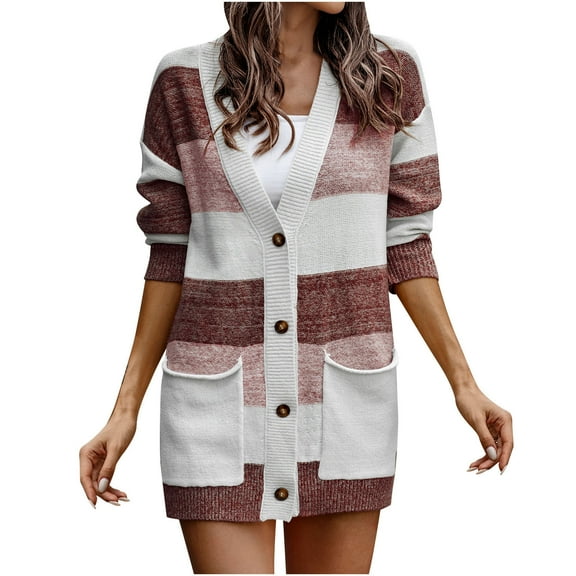 Spring Sweater Cardigans Women Casual Loose Striped Colorblock Button Down Knit Sweater Shirt Pockets Long Coat
