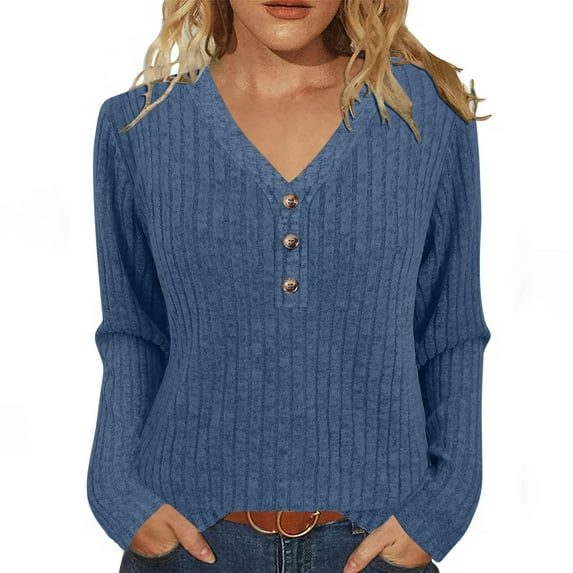Spring Sweaters for Women Lightweight Ribbed Knit Top Long Sleeve Button V-Neck Pullover Sleep Top