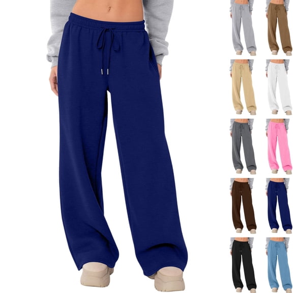 Spring Sweatpants Women Fleece Lined Wide Leg High Waisted Baggy Joggers Drawstring Cozy Lounge Pants Casual Sweat Pants Fall Navy L