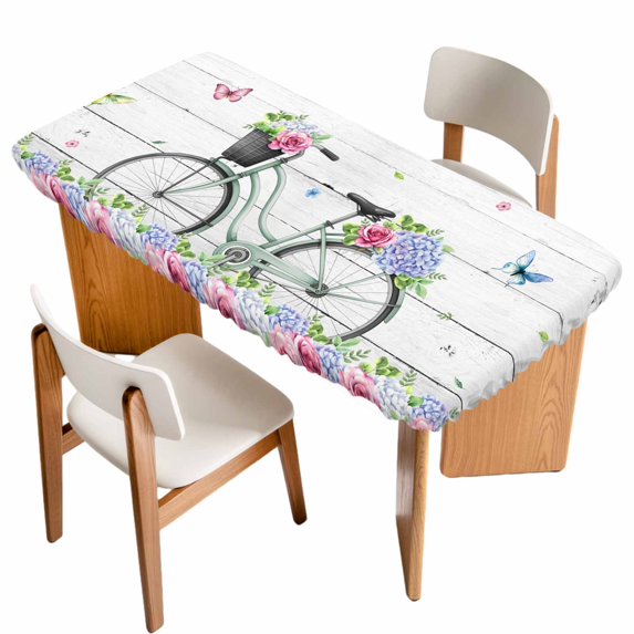 Spring Table Cloths for 3 Foot Rectangle Tables, Bicycles Botanical Rose Leaves Butterfly Wood Grain Patio Waterproof Elastic Fitted Tablecloths, Washable Rectangular Table Cover for Camping