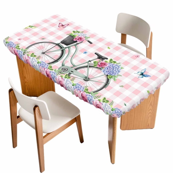 Spring Table Cloths for 3 Foot Rectangle Tables, Bicycles Leaves Butterfly Flowers Pink Buffalo Plaid Patio Waterproof Elastic Fitted Tablecloths, Washable Rectangular Table Cover for Camping