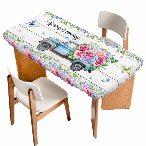 Spring Table Cloths for 3 Foot Rectangle Tables, Truck Botanical Floral Leaf Butterfly Wooden Grain Patio Waterproof Elastic Fitted Tablecloths, Washable Rectangular Table Cover for Camping