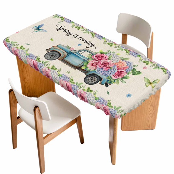 Spring Table Cloths for 4 Foot Rectangle Tables, Farmhouse Retro Truck Botanical Rose Butterfly Patio Waterproof Elastic Fitted Tablecloths, Washable Rectangular Table Cover for Camping
