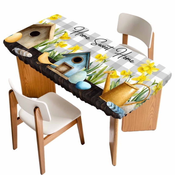 Spring Table Cloths for 6 Foot Rectangle Tables, Country House Eggs Birds Botanical Floral Plaid Patio Waterproof Elastic Fitted Tablecloths, Washable Rectangular Table Cover for Camping