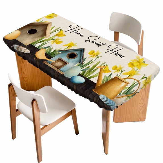 Spring Table Cloths for 6 Foot Rectangle Tables, Farmhouse Birds Cages Eggs Botanical Flowers Patio Waterproof Elastic Fitted Tablecloths, Washable Rectangular Table Cover for Camping
