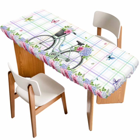 Spring Table Cloths for 8 Foot Rectangle Tables, Bicycles Botanical Leaves Rose Colorful Stripes Patio Waterproof Elastic Fitted Tablecloths, Washable Rectangular Table Cover for Camping