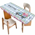 thumbnail image 1 of Spring Table Cloths for 8 Foot Rectangle Tables, Truck Botanical Rose Leaves Blue White Plaid Patio Waterproof Elastic Fitted Tablecloths, Washable Rectangular Table Cover for Camping, 1 of 8