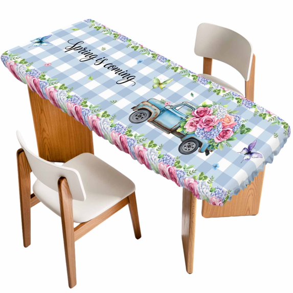 Spring Table Cloths for 8 Foot Rectangle Tables, Truck Botanical Rose Leaves Blue White Plaid Patio Waterproof Elastic Fitted Tablecloths, Washable Rectangular Table Cover for Camping