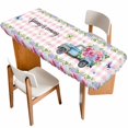 thumbnail image 1 of Spring Table Cloths for 8 Foot Rectangle Tables, Truck Botanical Rose Leaves Butterfly Pink Lattice Patio Waterproof Elastic Fitted Tablecloths, Washable Rectangular Table Cover for Camping, 1 of 8