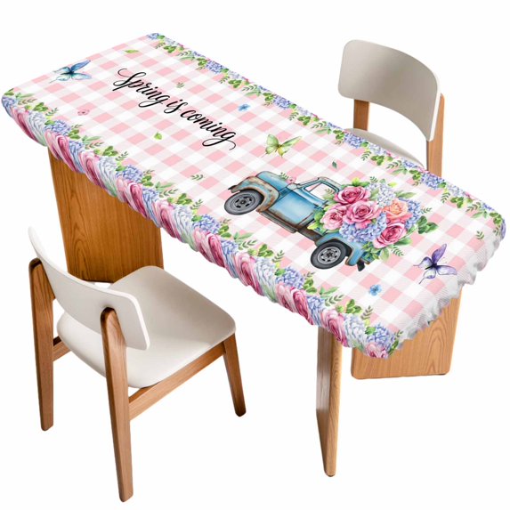 Spring Table Cloths for 8 Foot Rectangle Tables, Truck Botanical Rose Leaves Butterfly Pink Lattice Patio Waterproof Elastic Fitted Tablecloths, Washable Rectangular Table Cover for Camping
