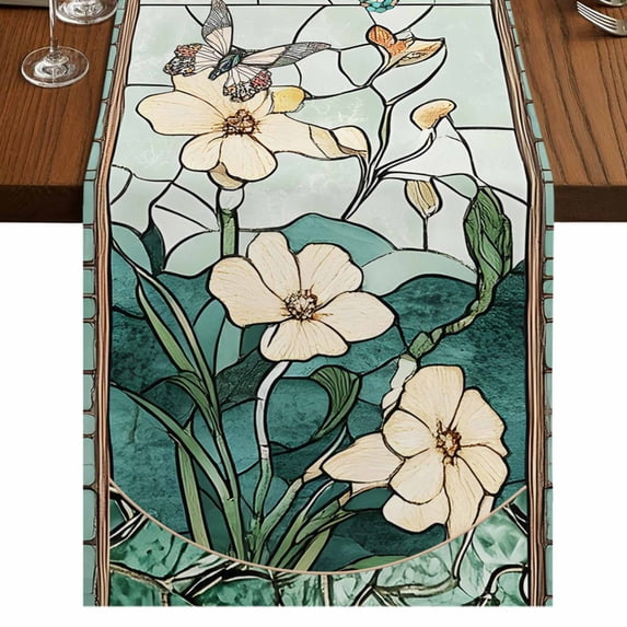 Spring Table Runner 70 Inches Long, Butterfly Summer Botanical Flower Cotton Linen Table Runners Dresser Scarves, Decorative Fabric Tabletop Scarf Furniture Cover for Home Dinner Party 13"x70"