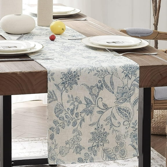 Spring Table Runner Linen Farmhouse Table Cloth Blue Floral Decorative Table Runners 72 Inch Botanic Printed Burlap Handcrafted Flax Coffee Table Decor 1 Panel Blue on Beige