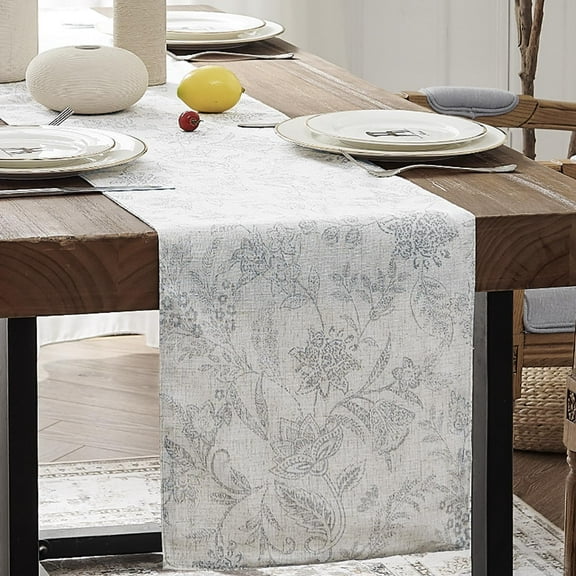 Spring Table Runner Linen Farmhouse Table Cloth Gray Floral Decorative Table Runners 72 Inch Botanic Printed Burlap Indoor Flax Coffee Dining Table Decor 1 Panel Grey on Beige
