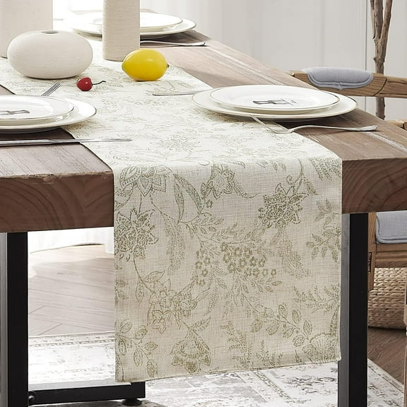 Spring Table Runner Linen Farmhouse Table Cloth Green Floral Decorative Table Runners 72 Inch Botanic Printed Burlap Handcrafted Flax Coffee Table Decor 1 Panel Sage Green on Beige