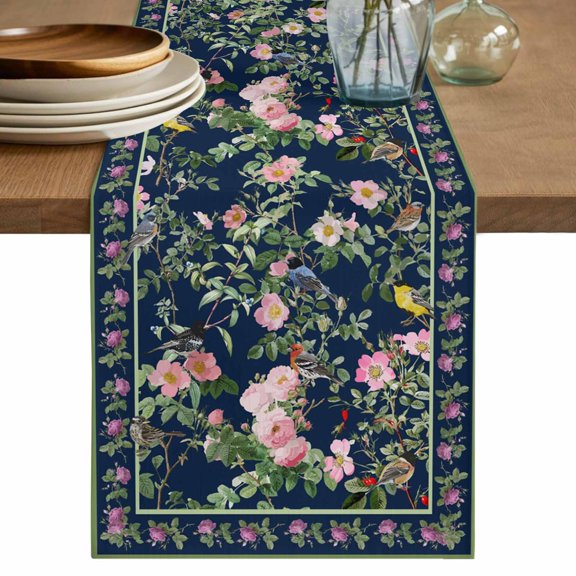 Spring Table Runner, Oriental Traditional Ethnic Floral Birds Retro Navy Blue Cotton Linen Kitchen Table Decoration Washable Dining Tabletop Runners for Home Party Decor 13x36 Inches