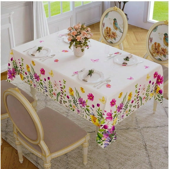 Spring Tablecloth 55×87 Inch RectangularTablecloth, Watercolor Wildflowers Floral Herbs Washable Table Cover for Party Picnic Dinner Decor
