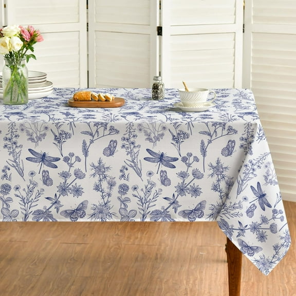 Spring Tablecloth 60×104 Inch Rectangular, Dragonfly Wildflowers Floral Herbs Washable Table Cover for Party Picnic Dinner Decor
