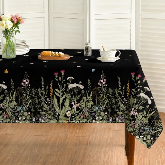 Spring Tablecloth 60×120 Inch Rectangular, Black Wild Flower Daisy Washable Seasonal Table Cover for Party Picnic Dinner Decor