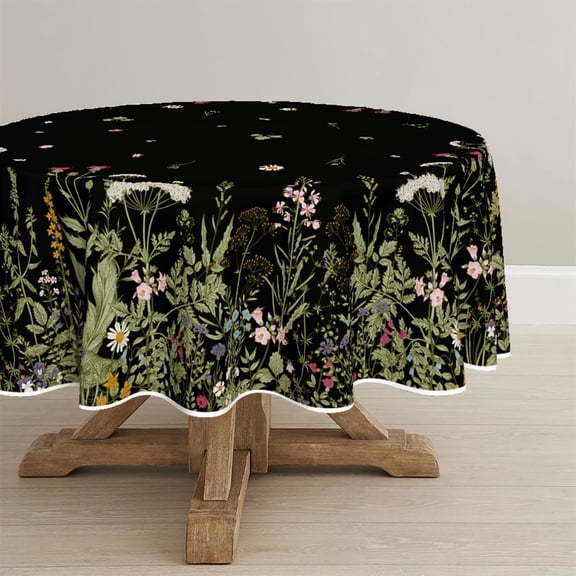 Spring Tablecloth 60×60 Inch Round, Black Wild Flower Daisy Washable Seasonal Table Cover for Party Picnic Dinner Decor