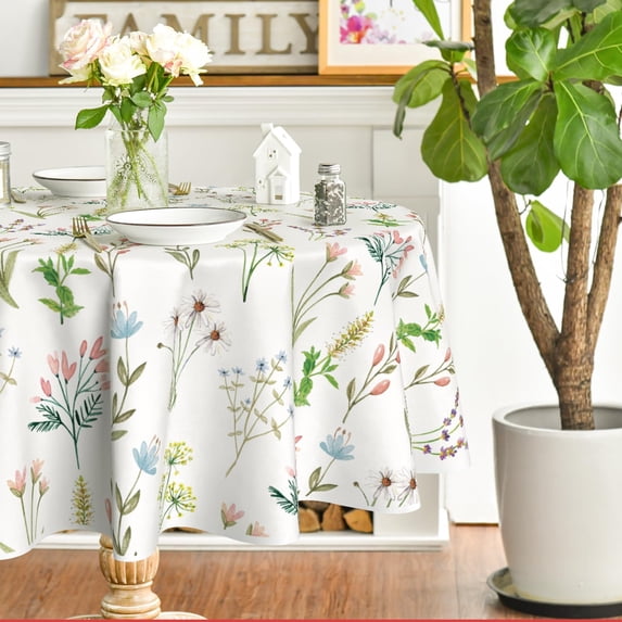 Spring Tablecloth 60×60 Inch Round, Wildflowers Floral Herbs Elegant Washable Table Cover for Party Picnic Dinner Decor