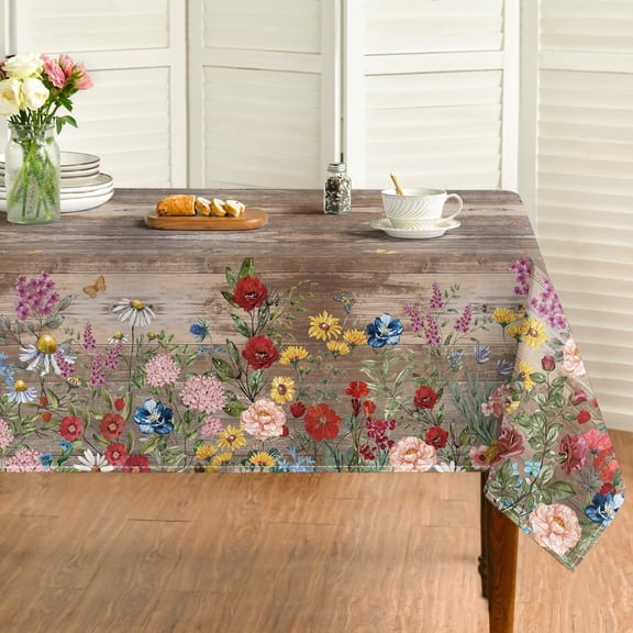 Spring Tablecloth 60×60 Inch Square, Flowers Brown Wood Grain Washable Seasonal Table Cover for Party Picnic Dinner Decor