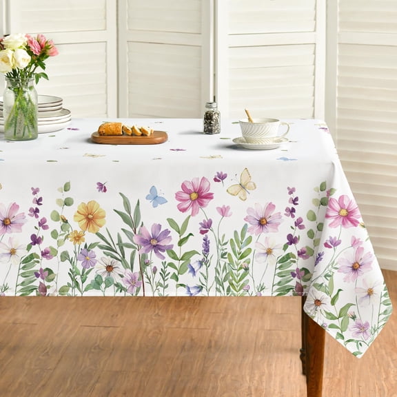 Spring Tablecloth 60×60 Inch, Wildflowers Floral Butterfly Washable Table Cover for Party Picnic Dinner Decor