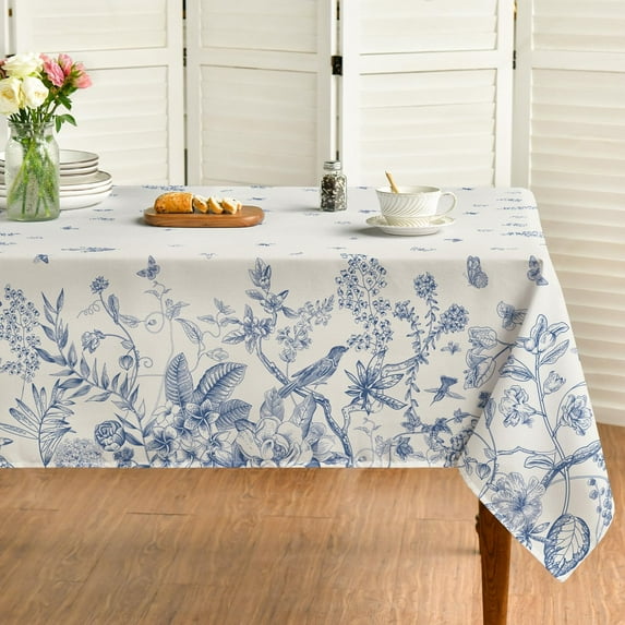 Spring Tablecloth 60×84 Inch, Hand-Drawing Flowers and Birds Washable Table Cover for Party Picnic Dinner Decor