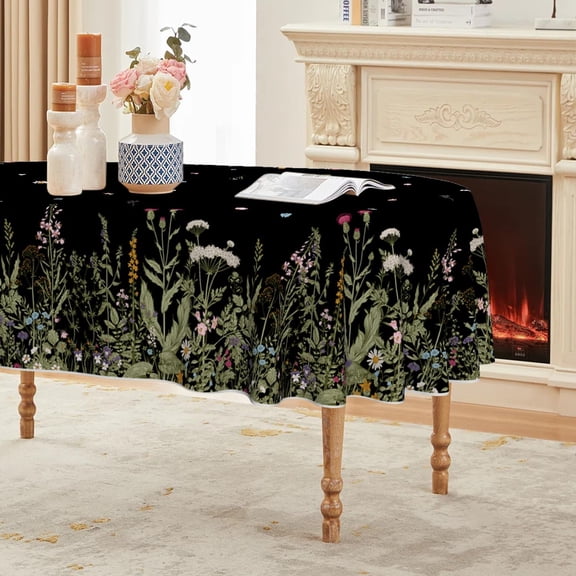 Spring Tablecloth 60×84 Inch Oval, Black Wild Flower Daisy Washable Seasonal Table Cover for Party Picnic Dinner Decor