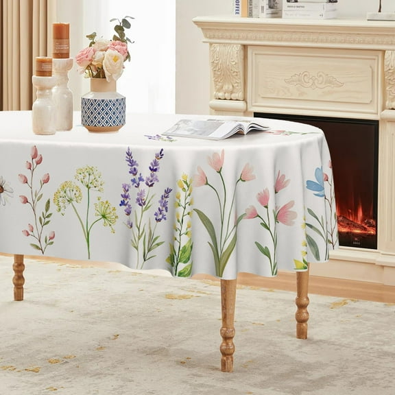Spring Tablecloth 60×84 Inch Oval, Watercolor Wild Flowers Blooming Floral Washable Seasonal Table Cover for Party Picnic Dinner Decor
