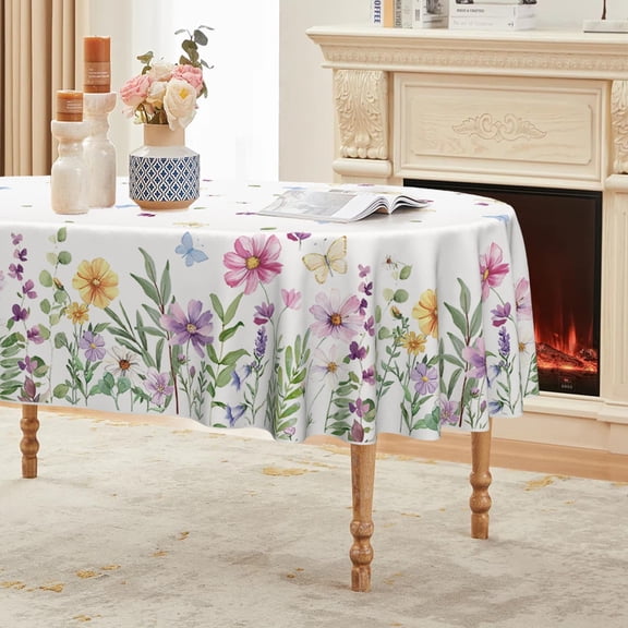 Spring Tablecloth 60×84 Inch Oval, Wildflowers Floral Butterfly Washable Seasonal Table Cover for Party Picnic Dinner Decor