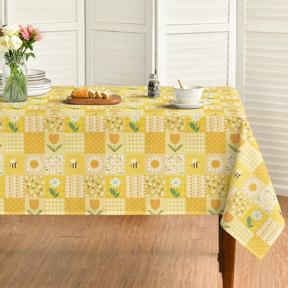 Spring Tablecloth 60×84 Inch Rectangular, Polka Dot Plaid Daisy Tulips Yellow Washable Seasonal Table Cover for Party Picnic Dinner Decor