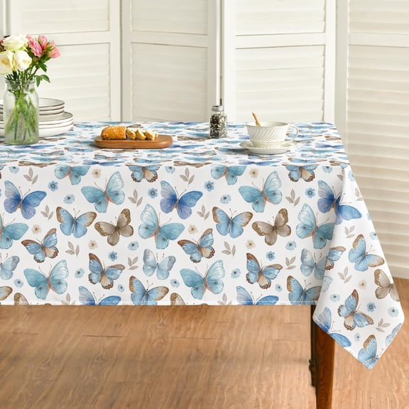 Spring Tablecloth 60×84 Inch Rectangular, Watercolor Blue Purple Gray Butterflies Flowers Washable Seasonal Table Cover for Party Picnic Dinner Decor