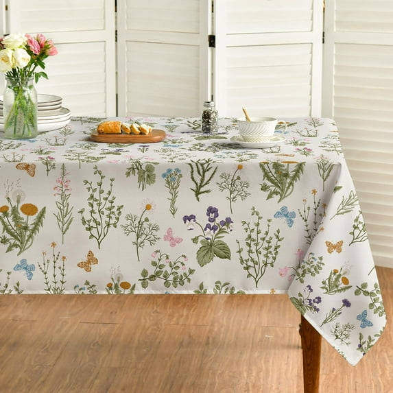 Spring Tablecloth 60×84 Inch Rectangular, Watercolor Wildflowers Floral Herbs Washable Table Cover for Party Picnic Dinner Decor
