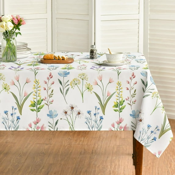 Spring Tablecloth 60×84 Inch Rectangular, Wildflowers Floral Herbs Elegant Washable Table Cover for Party Picnic Dinner Decor