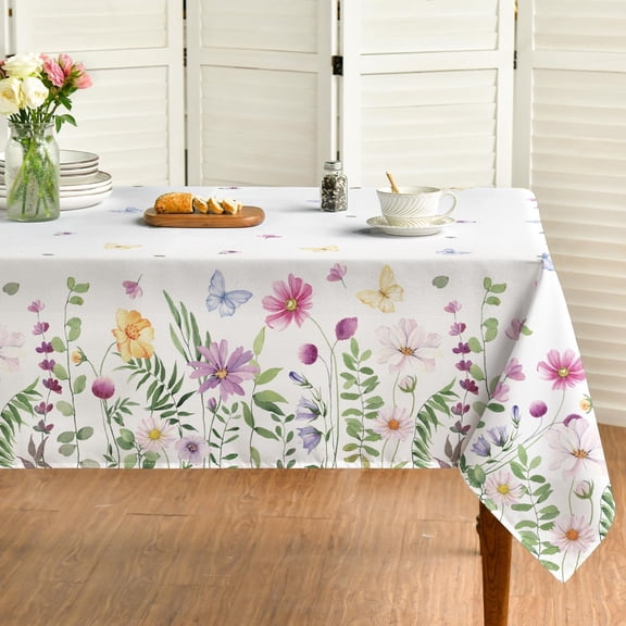 Spring Tablecloth 60×84 Inch, Wildflowers Floral Butterfly Washable Table Cover for Party Picnic Dinner Decor