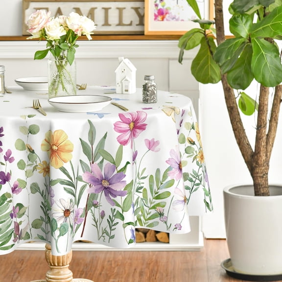 Spring Tablecloth 70×70 Inch Round, Wildflowers Floral Butterfly Washable Table Cover for Party Picnic Dinner Decor