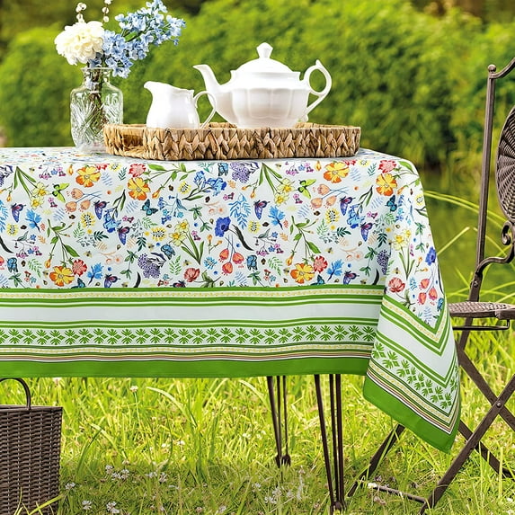 Spring Tablecloth Green Floral Table Cloth Rectangle 60x84 inch, Spring Floral Dining Table Cover for Indoor Outdoor Holiday Table Decorations