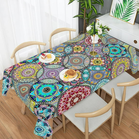 Spring Tablecloth Polyester Waterproof Stain Wrinkle Free,Colorful Table Cover for Home Kitchen Dining Party (Boho 1, 60 X 84,Rectangle)