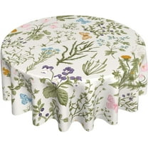 Spring Tablecloth Round 60 Inch Watercolor Green Leaf Botanical Colorful Floral Butterfly Decorative Table Cloth with Wrinkle Resistant for Home Kitchen Dining Table Party Picnic