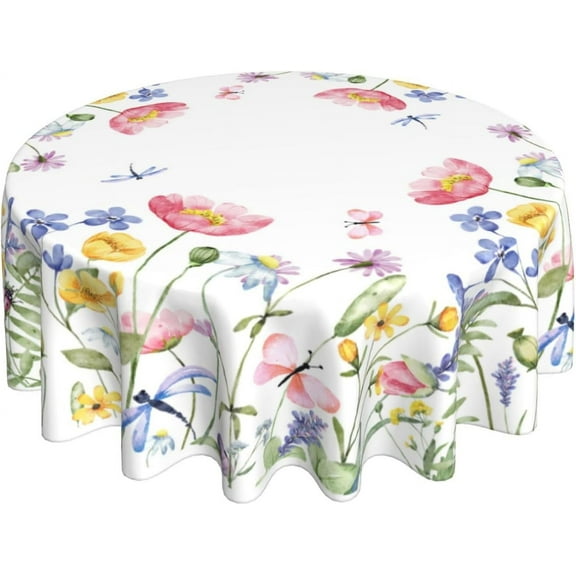 Spring Tablecloth Round 70 Inch Colorful Flower Table Cloth,Stain Resistance Polyester Butterfly Floral Summer Season Table Covers for Kitchen Dining,Small Tablecloth for Party Picnic