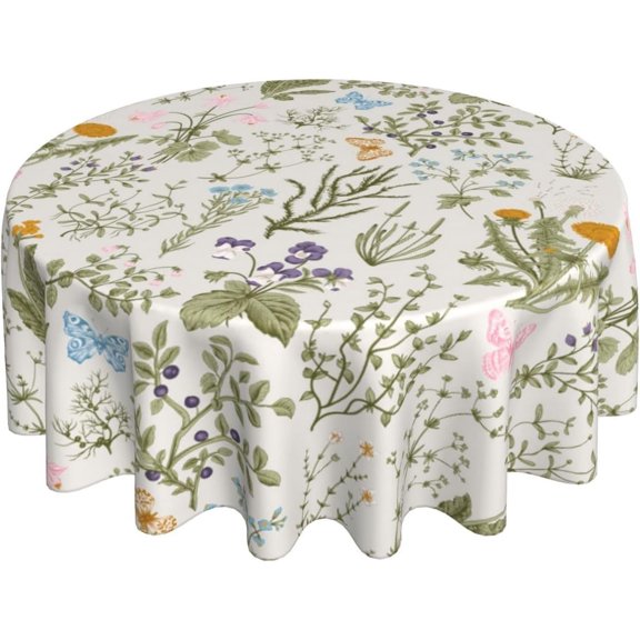 Spring Tablecloth Round 70 Inch,Sage Green Wild Flowers Table Cloth,Stain Resistance Polyester Seasonal Summer Floral Table Covers for Kitchen Dining,Small Tablecloth for Parties Picnic
