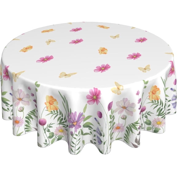 Spring Tablecloth Round 70 Inch Seasonal Wild Flowers Table Cloth,Stain Resistance Polyester Summer Floral Butterfly Table Covers for Kitchen Dining,Small Tablecloth for Party Picnic