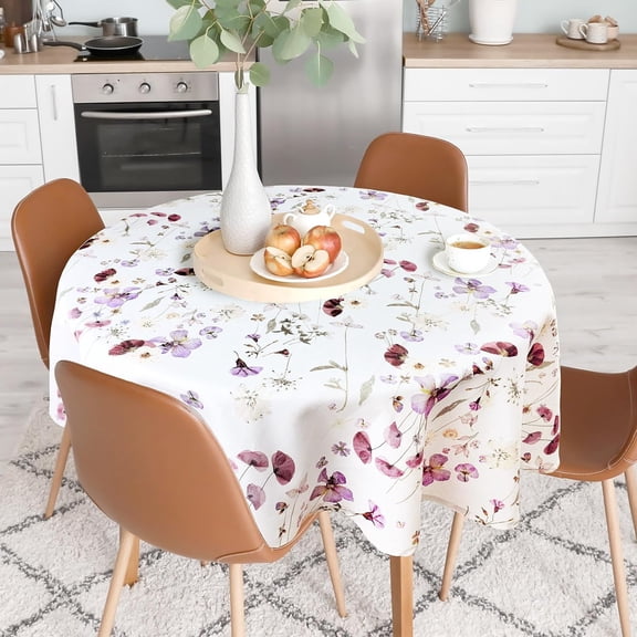 Spring Tablecloth for Round Tables Wildflowers Floral Herbs Washable Table Cover, Floral Table Cloth 60 x 60 Inch for Kitchen Dining Indoor Outdoor Tabletop Decoration
