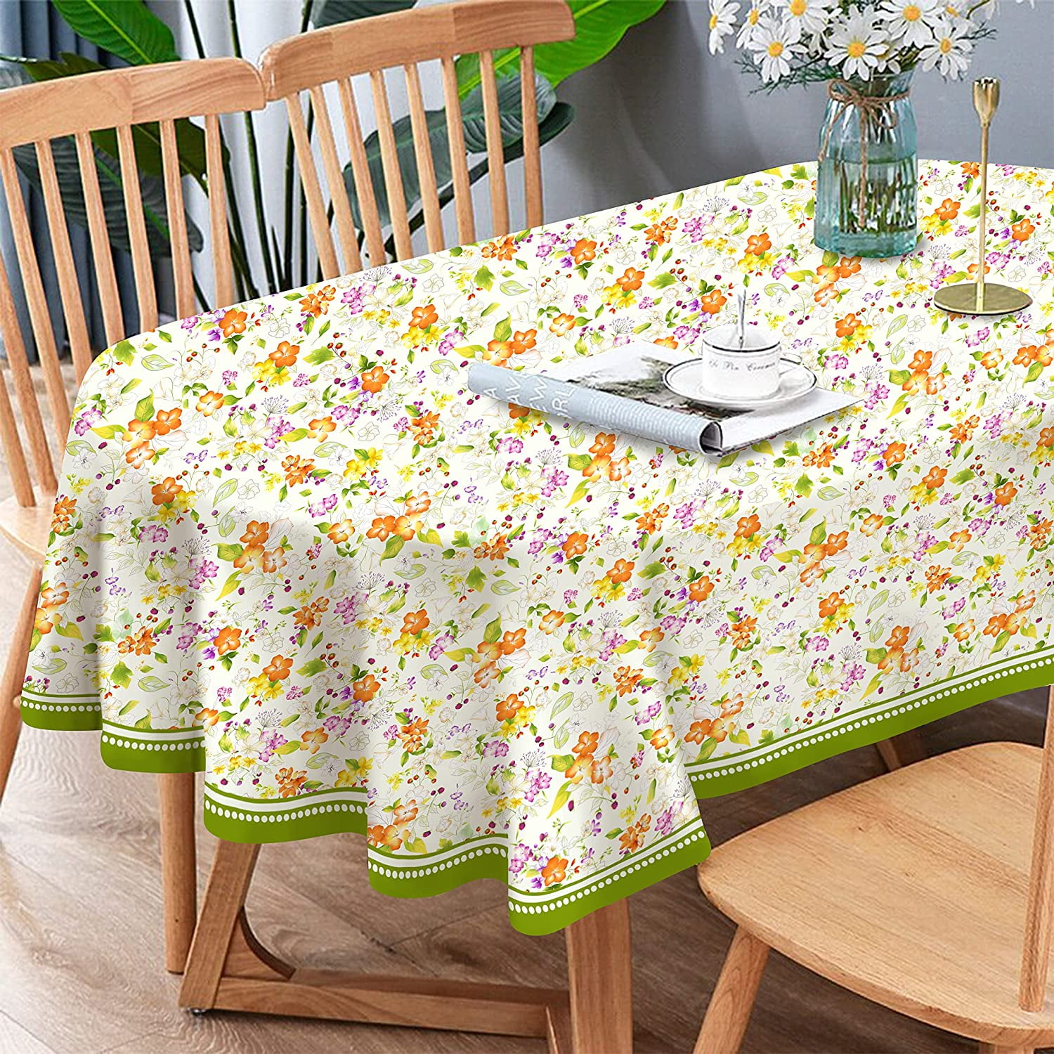 Spring Tablecloth, Waterproof Floral Table Cloth, Oval 60 x 84 inch ...