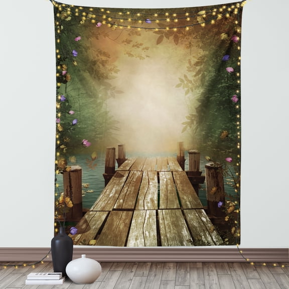 Spring Tapestry, Coming of the Spring Themed Lake and Blooming Flowers Illustration with Wooden Pier, Wall Hanging for Bedroom Living Room Dorm Decor, 40W X 60L Inches, Multicolor, by Ambesonne