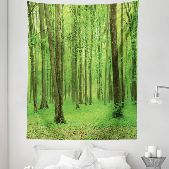 Spring Tapestry, Spring Forest in a Sunny Day Fresh Soft Colors Like a Dream Leaf Peace Theme Print, Fabric Wall Hanging Decor for Bedroom Living Room Dorm, 5 Sizes, Green Brown, by Ambesonne