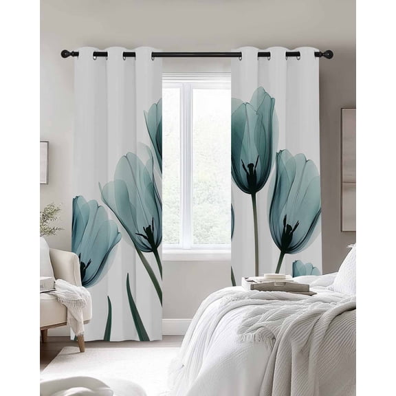 Spring Teal Blackout Curtains 2 Panels Flowers X-ray Image of Tulips Floral Thermal Insulated Grommet Window Curtains for Bedroom Living Room 27.5"x39"