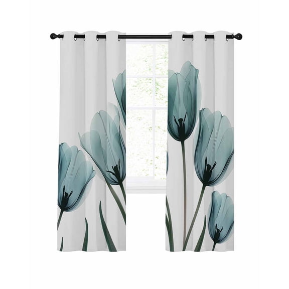 Spring Teal Blackout Curtains 45 Inch Length Flowers X-ray Image of Tulips Floral Thermal Insulated Window Curtain Window Drapes 2 Panels for Bedroom Living Room 52"Wx45"L